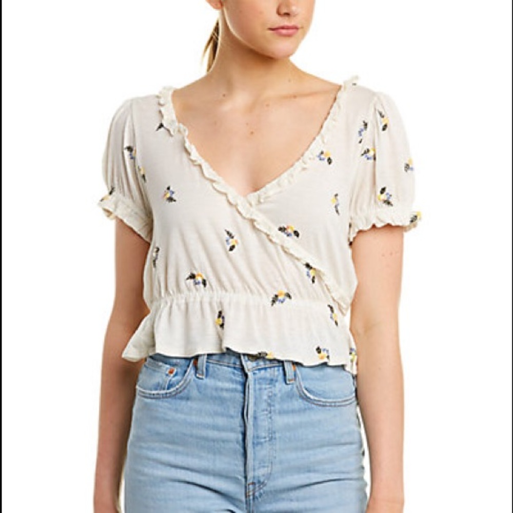 Free People Ecru Floral Cropped Blouse